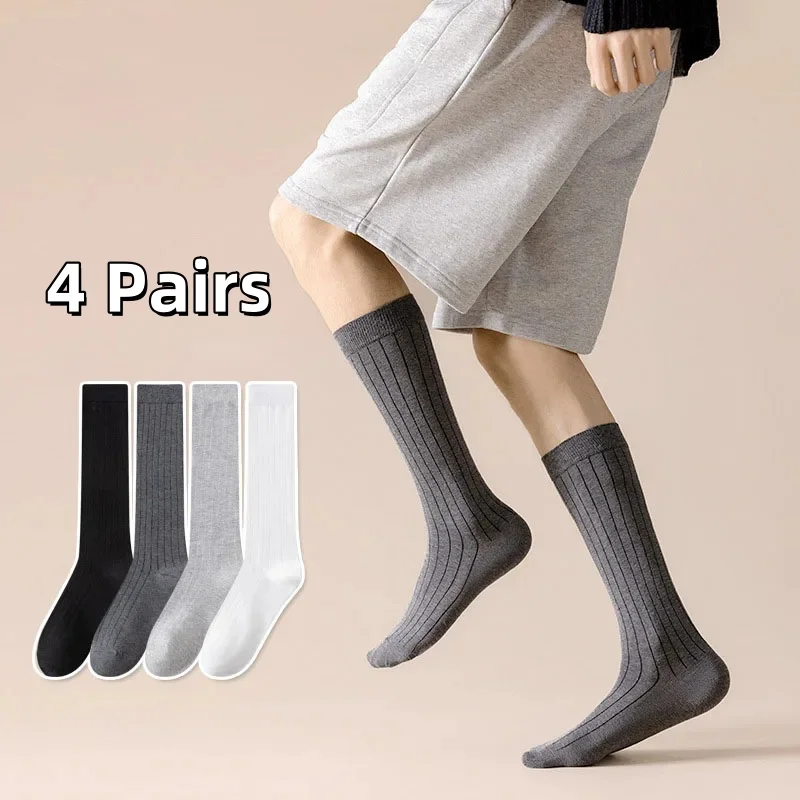 4 pares de calcetines largos para hombre, calcetines de algodón a rayas de negocios, sólidos, antibacterianos, transpirables, cálidos por debajo de la rodilla, calcetines de otoño para pantorrilla para caballero