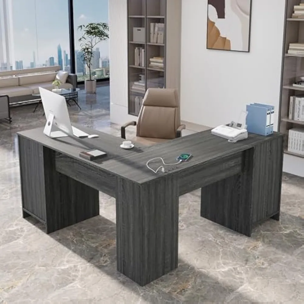 L Shaped Desk with File Cabinet, Corner Computer Desk with Storage Drawers, Large Home Office Table with Power Outlets