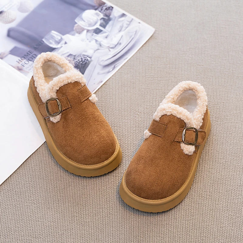 

2026, зимняя детская модная хлопковая обувь, теплая повседневная обувь с меховой подошвой для девочек, детская плюшевая обувь без шнуровки на нескользящей подошве