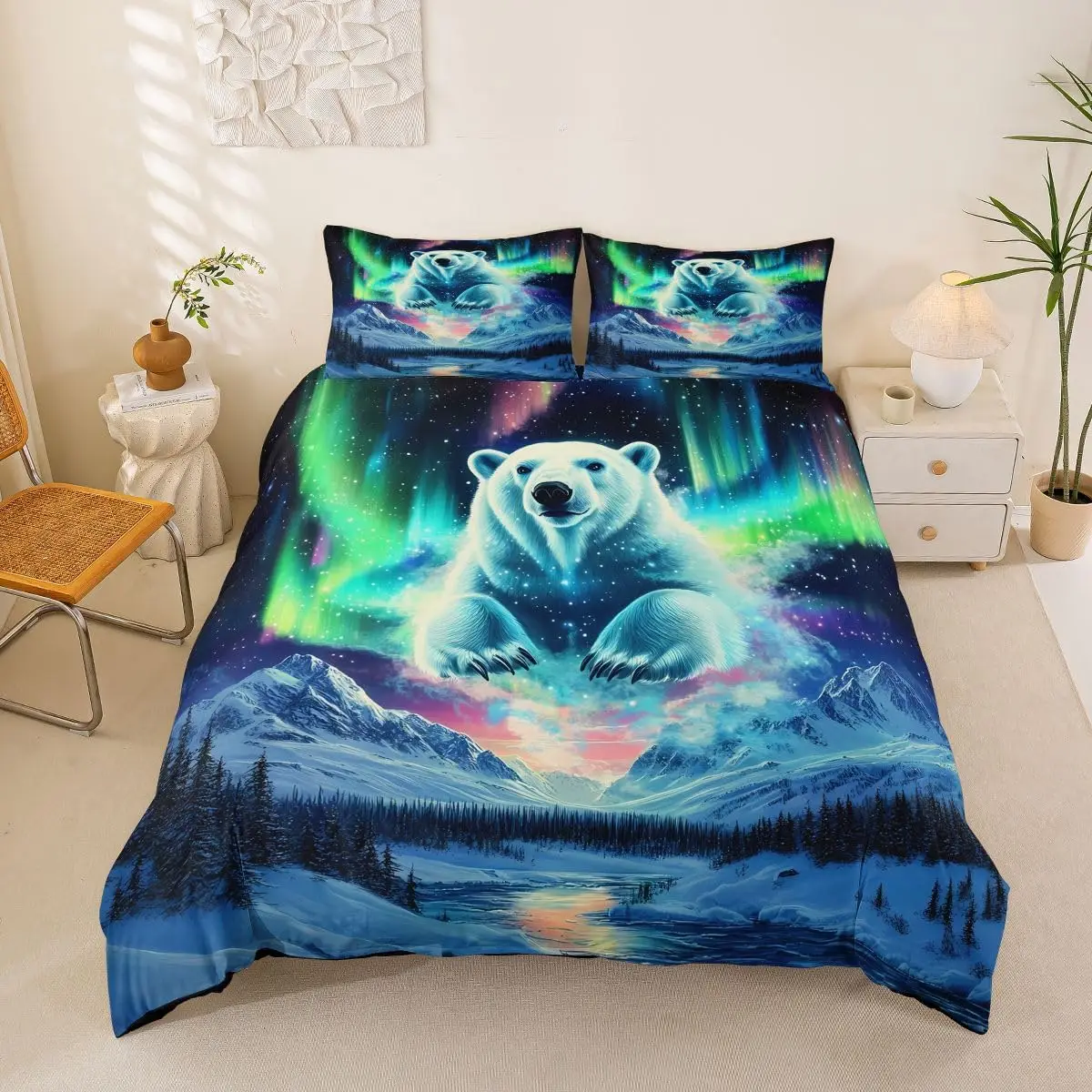 Polar Bear Duvet Cover Twin Queen,Aurora Snow Mountain Bedding Set,Wildlife Nature Themed Room Decor Northern Lights Quilt Cover