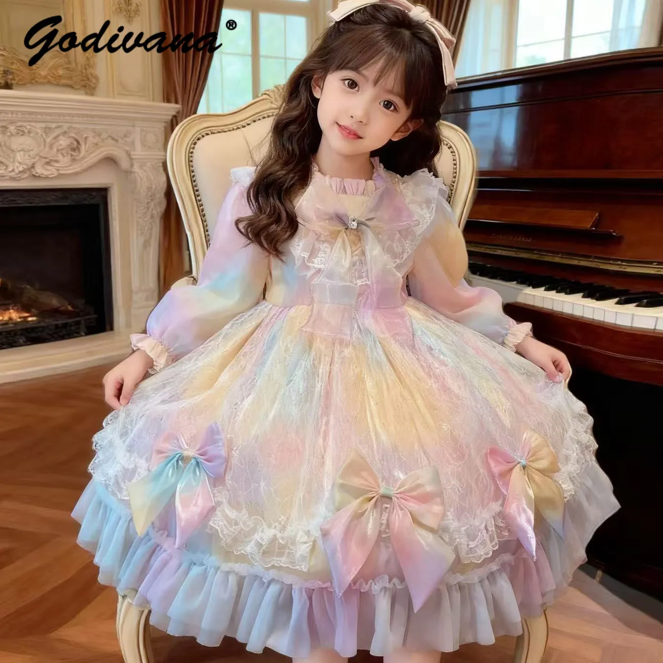

Sweet Girls Bowknot Lolita Princess Dress 2026 New Autumn and Winter Childrens Fashion Gradient Long Sleeve Ruffle Tutu Dresses