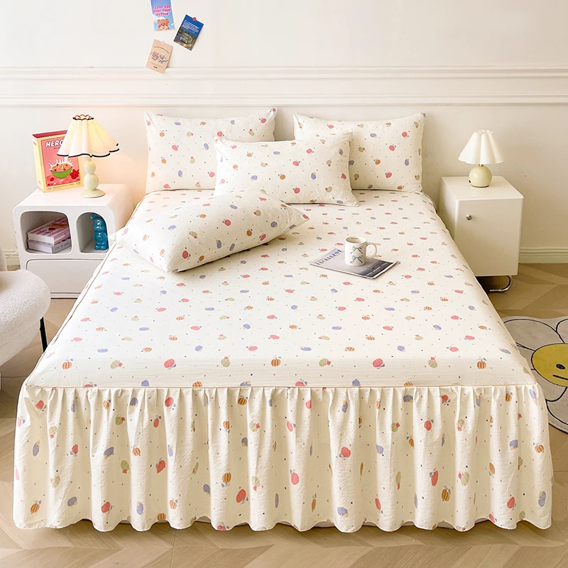 Floral Bed Skirt Skin-friendly Bed Sheet with Skirt Single/Queen/King Size Bed Cover Home Bed Linen Pumpkin Printed Bedskirt