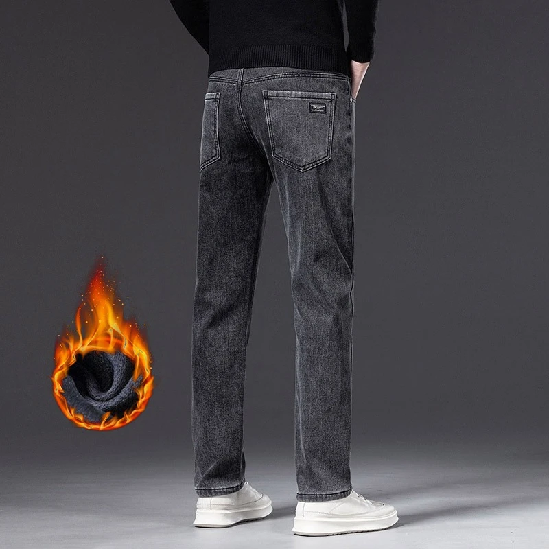 الرجال الحراري الصوف الجينز الشتاء بسط سليم مستقيم الساق الدافئة سراويل جينز اليومية عادية الأعمال تنوعا ملابس خارجية السراويل #3