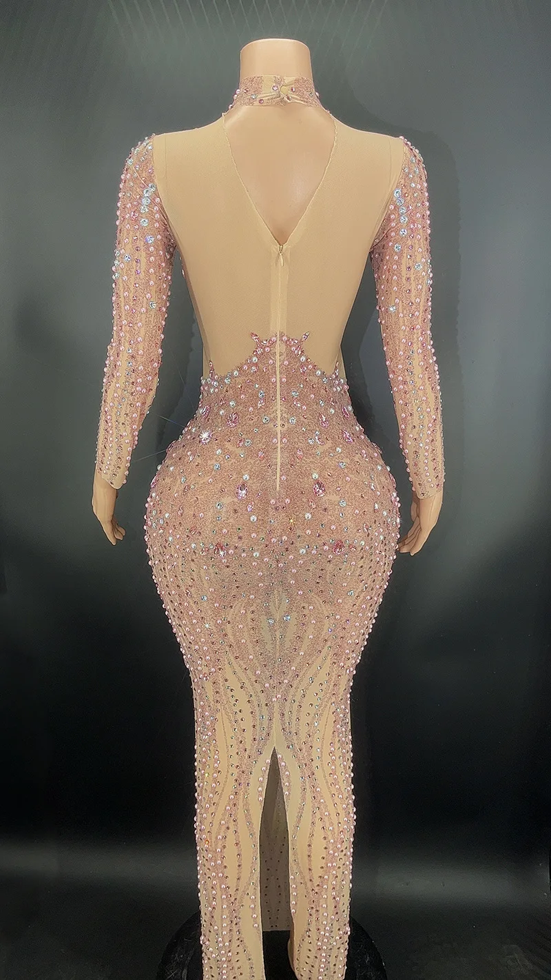 Customized New Sexy Lace Transparent Diamond Pearl Sequins Feather Water Diamond Wrap Hip Dress Long Dress Performance Dress