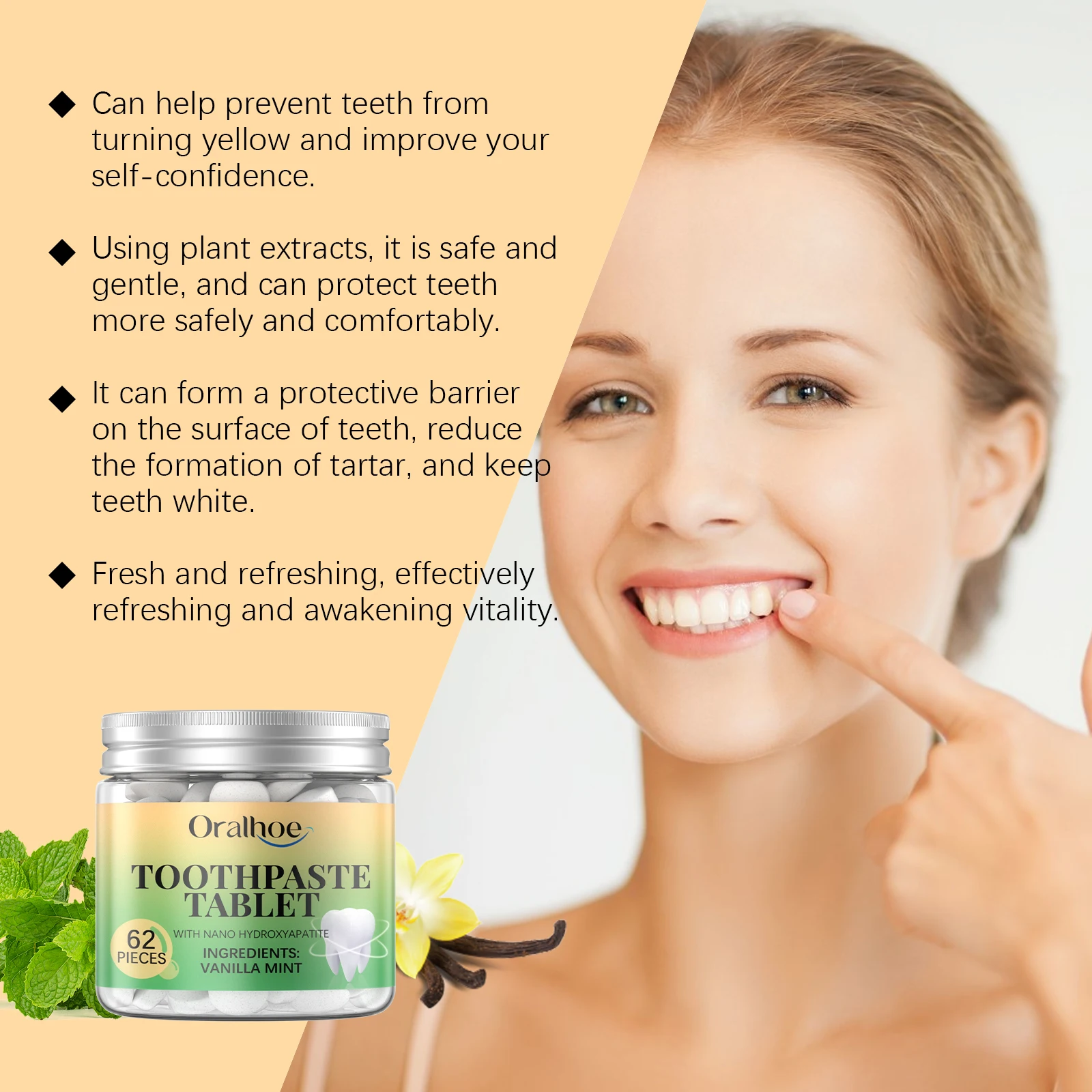 Vanilla Mint Toothpaste Tablets Deep Clean Teeth Stains Yellow Teeth Tartar Fresher Breath Portable Tooth Cleaning Tablets