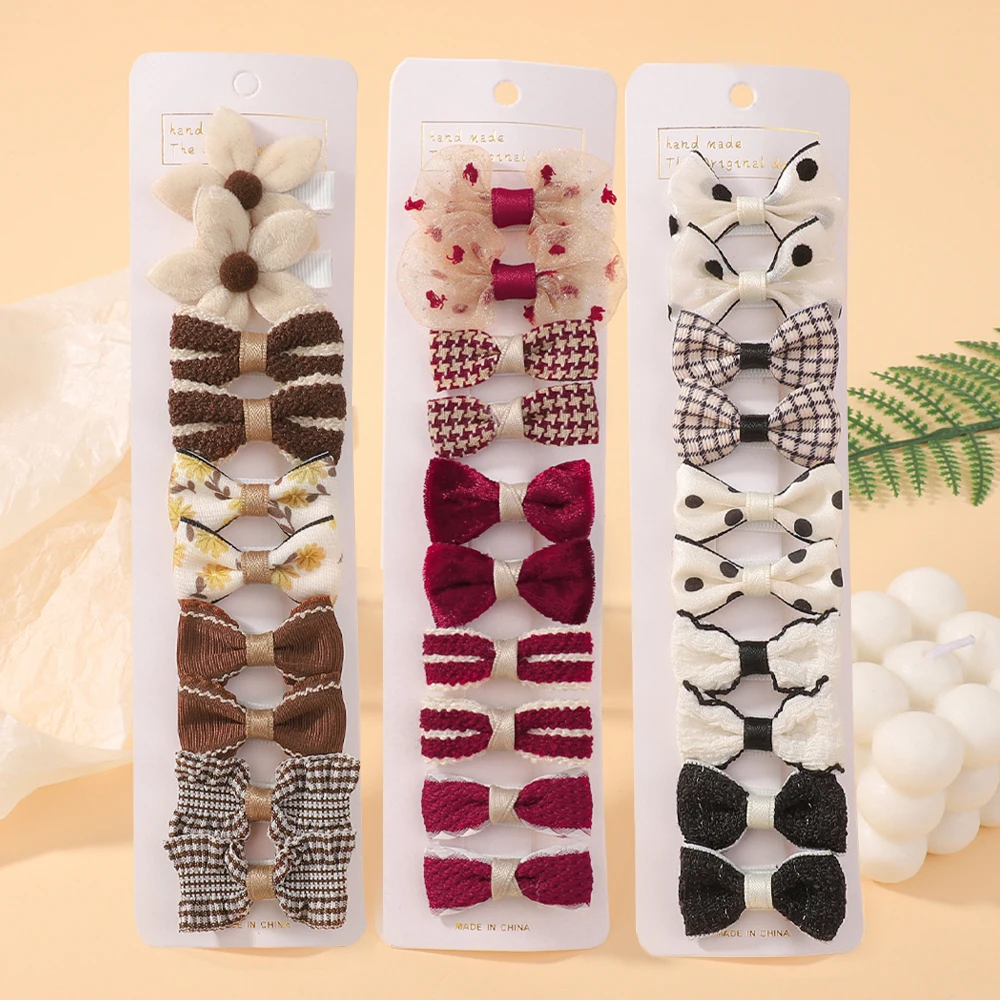 10-teiliges Blumen-Schleifen-Haarspangen-Set für Babys, Kleinkinder, Winter-Druck, Haarnadel, Mini-Baumwollspitze, handgefertigt, Kinder-Haar-Accessoires