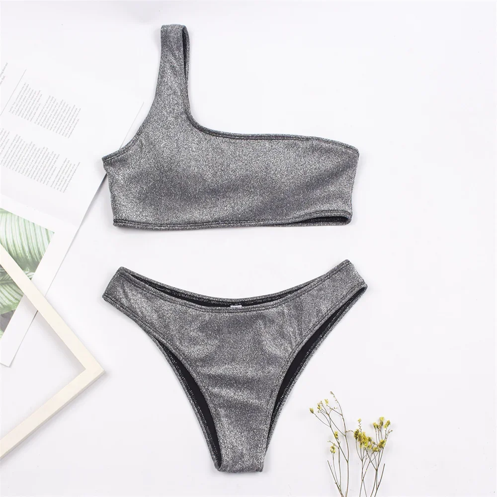 Conjunto de Bikini Sexy de un hombro para mujer, traje de baño brillante para mujer, traje de baño de dos piezas con purpurina de Color sólido