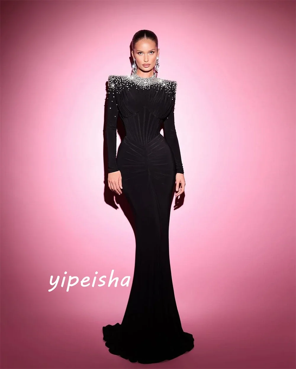 Customized Yipeisha Fashion Exquisite High Collar Mermaid Celebrity Dresses Beading Paillette / Sequins Charmeuse Evening Casual