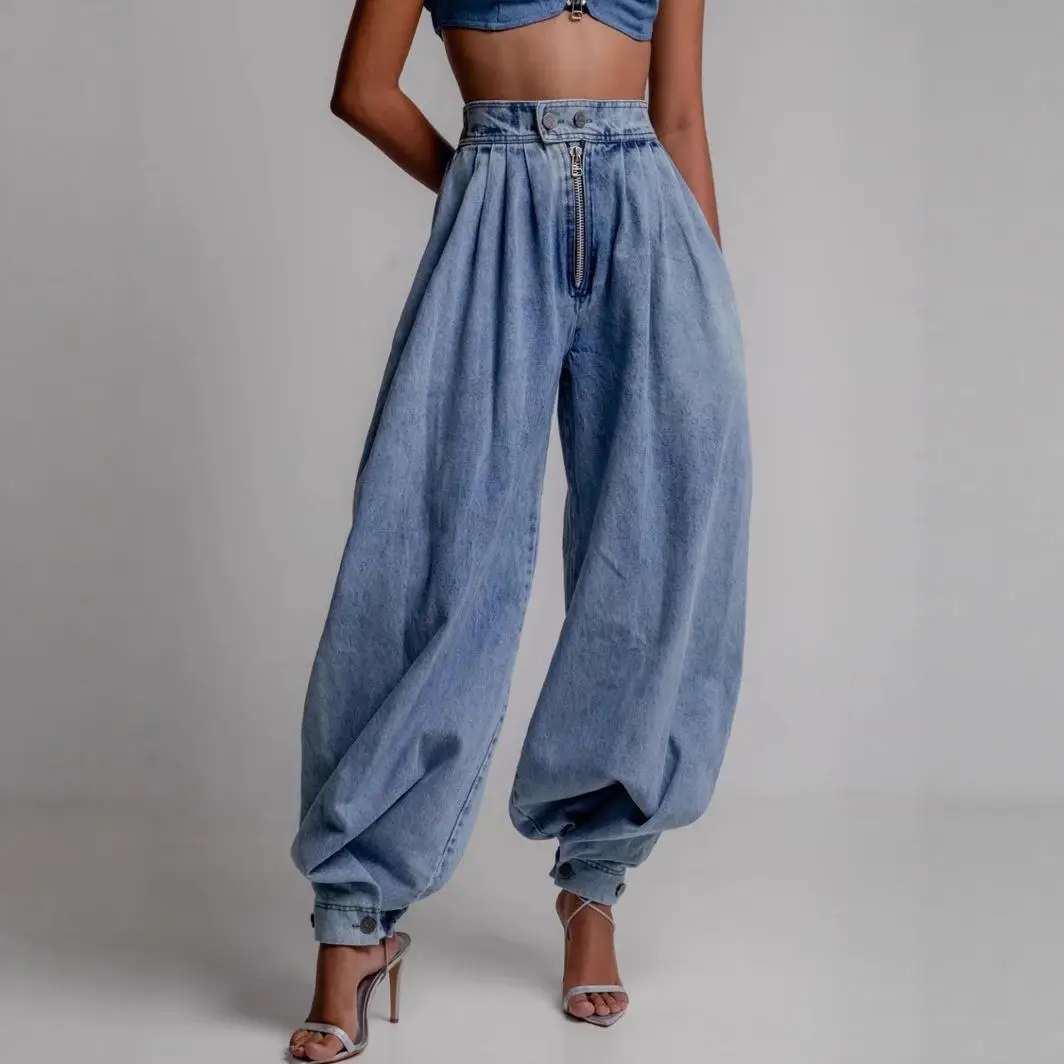 High Waist Loose Fit Casual Denim Pants Cuffed Loose Comfortable Vintage Style Women's Jeans High Waist Cotton Blue