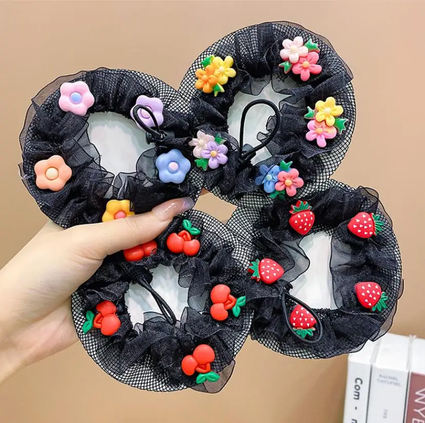 1pcs child dance headdress accessories cute fruit flower elastic hair net hair ring ballet flower net bag hair accessories