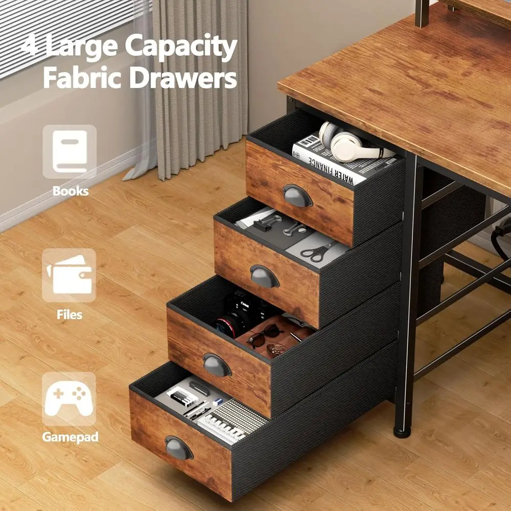 Rustic Brown 47 Desk with 4 Drawers, Monitor Stand, LED Lights, and Power Outlets for Home Office and Gaming in Small Spaces