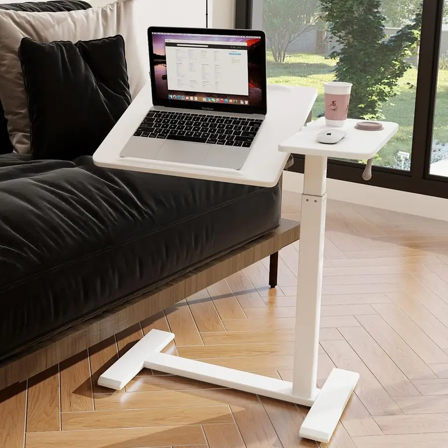 Height Adjustable Overbed Table with Pneumatic Lift and Wheels Split Top Tilting Tray and Rolling Laptop Desk Bedside Cart for