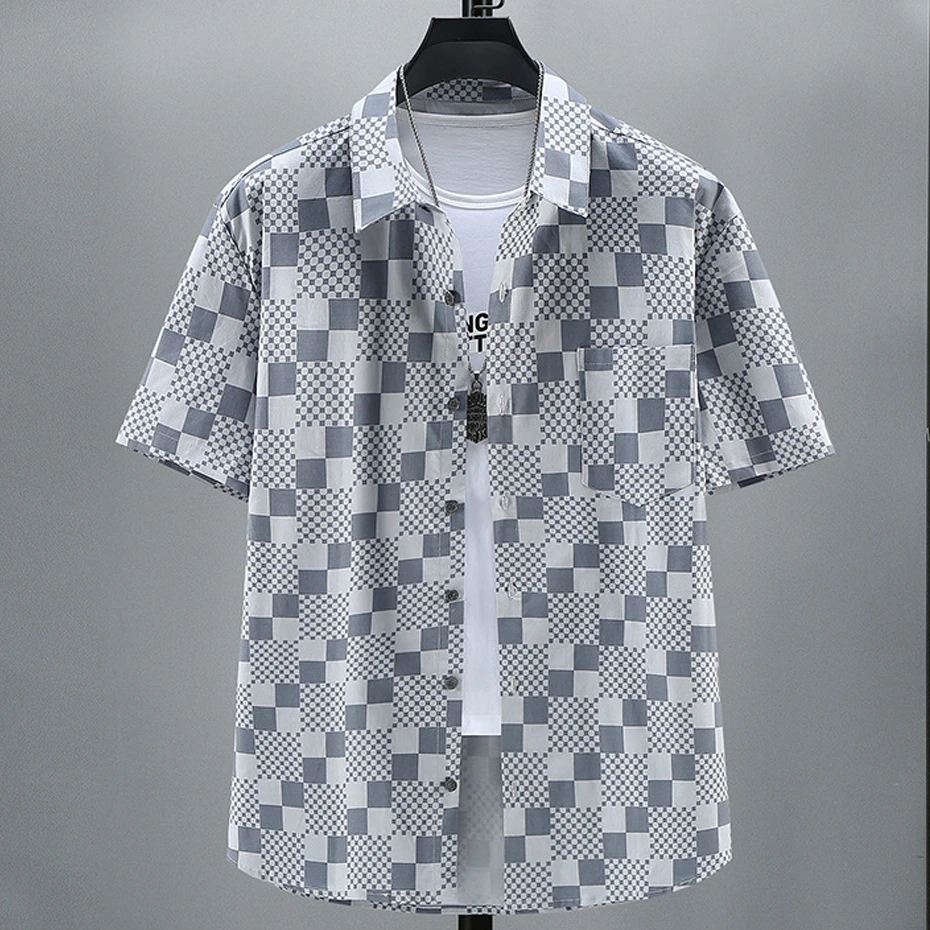 Summer Plaid Shirt Men Plus Size 11XL 10XL Fashion Casual Short Sleeve Shirts Male Hawaiian Beach Shirt Big Size 11XL