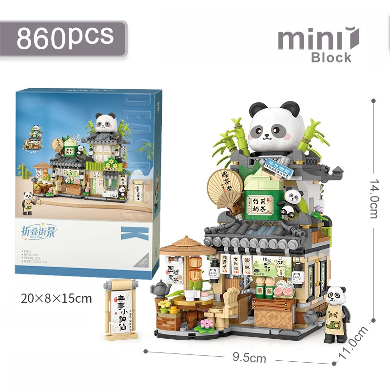 Mini bloques de construcción de casa de té, adornos de Panda lindo, Escena de calle de la ciudad, montaje de tienda plegable, juguetes para adultos