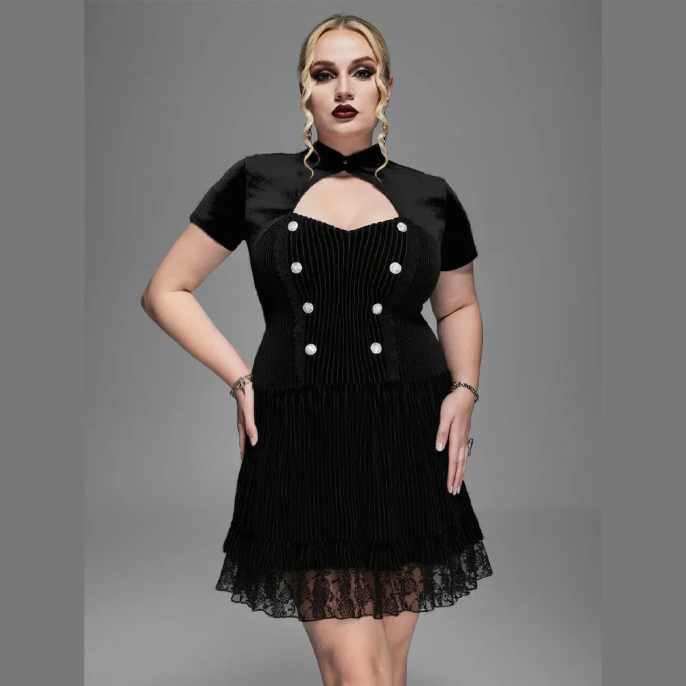 فستان نسائي قوطي مقاس كبير من ROSEAGL فستان مخملي مع ياقة مقلوبة وأزرار وهمية مضلعة مزخرفة بالدانتيل فساتين ذات طبقات