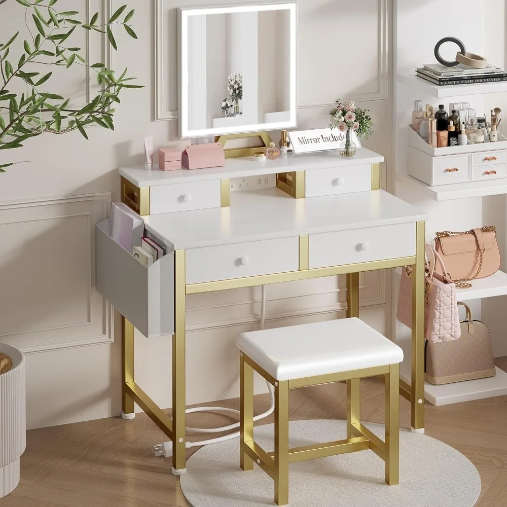

Небольшой туалетный столик для макияжа с подсветкой и зеркалом, 31-дюймовый туалетный столик с ящиками, стулом, розеткой для спальни, белый