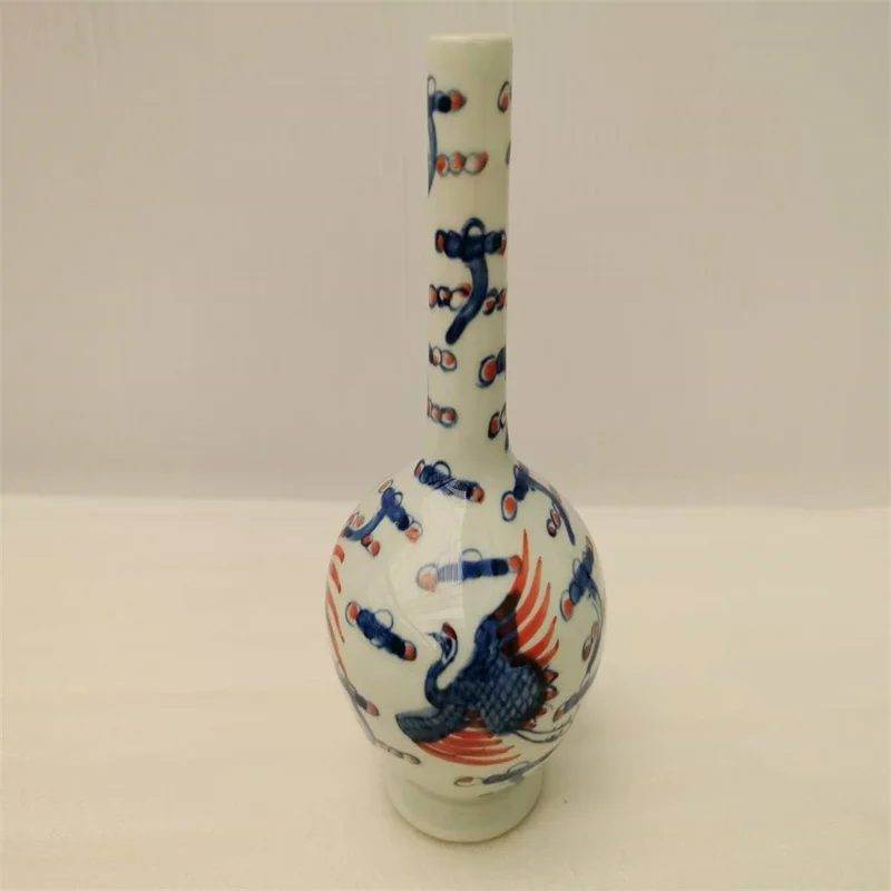 

Chinese Old Blue and white underglaze red Porcelain Crane pattern with long neck vase Antique Decorative collectibles