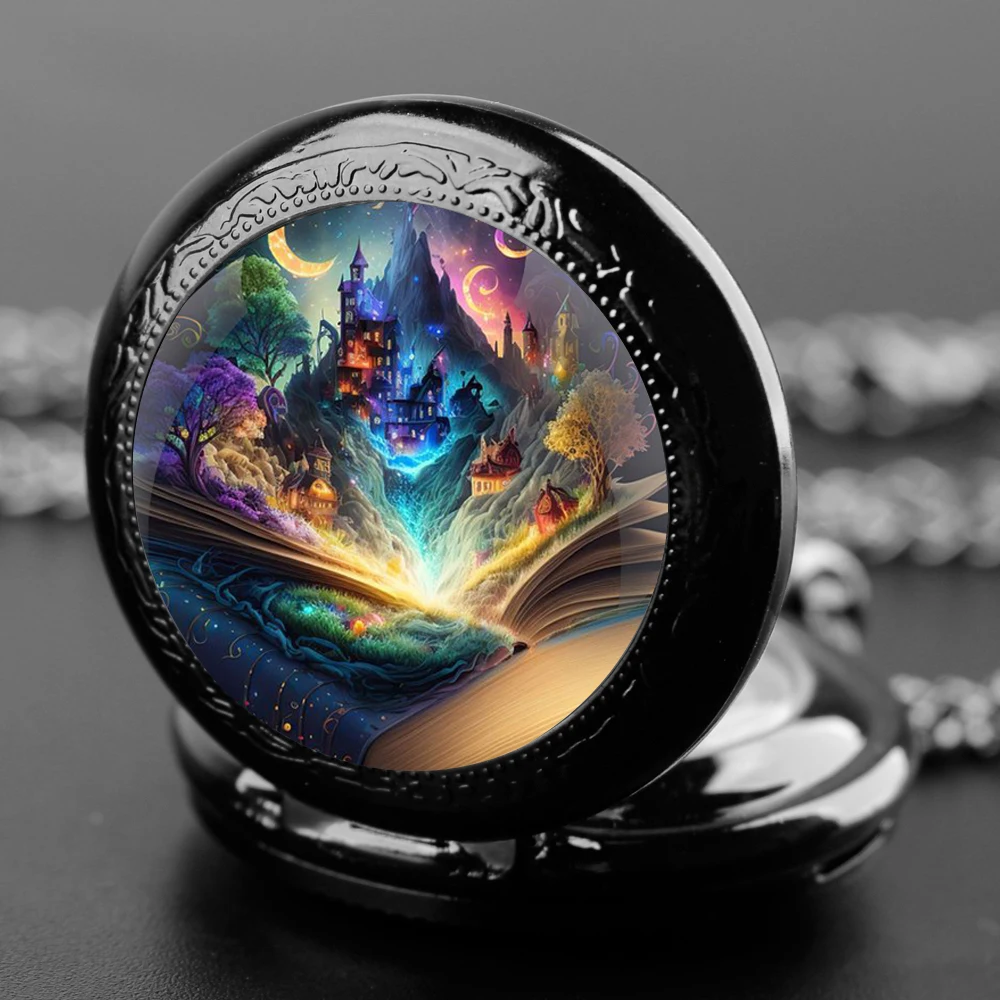 Reloj de bolsillo con diseño de mundo en el libro para hombres y mujeres, pulsera de cuarzo con cúpula de cristal, cadena duradera, esfera de números árabes, regalos creativos