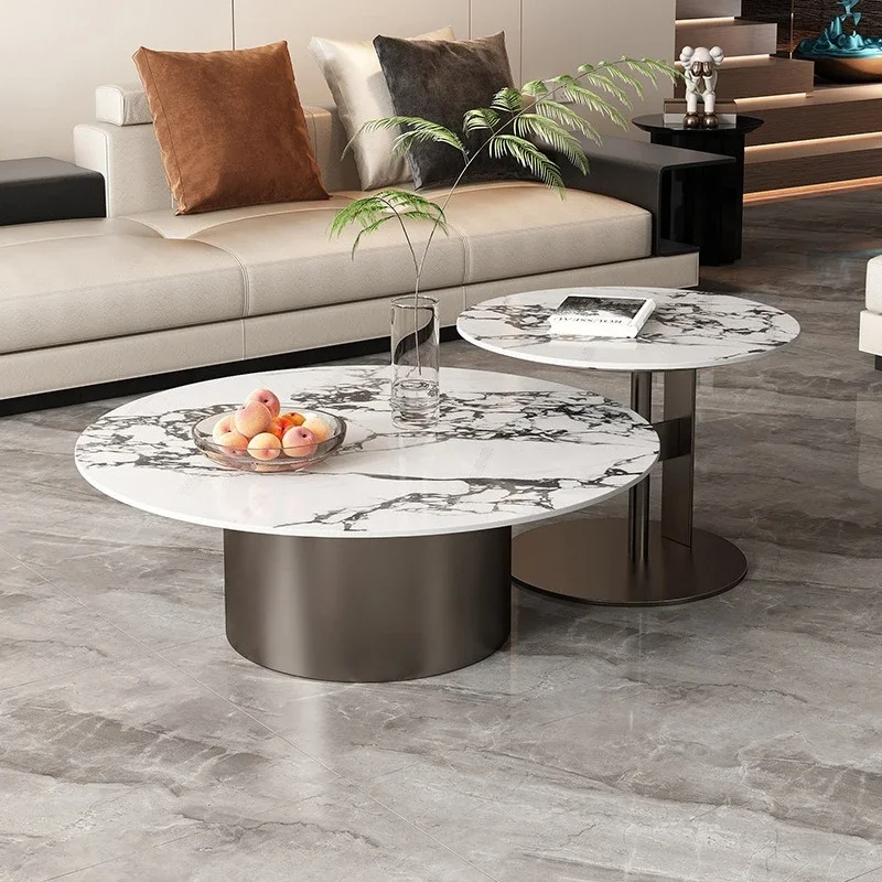 طاولة قهوة فاخرة خفيفة بحجم الساق، مجموعة مستديرة فاخرة من الحجر، دعامة طاولة القهوة الرخامية، بلاطة صخرية للأم والطفل #4