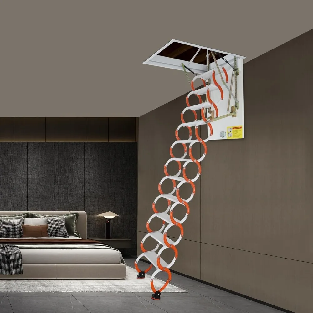 天井取り付け式ロフトはしご、10フィートの到達距離、11段、角度調整可能、耐荷重660ポンド、頑丈なプルダウンシステム