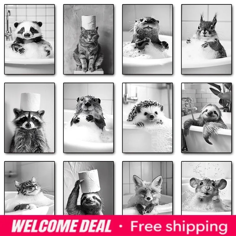 2026  Black and White interesting Cute Animal Posters Squirrel Hedgehog sloth Canvas Painting Wall Art Bathroom Living Room H