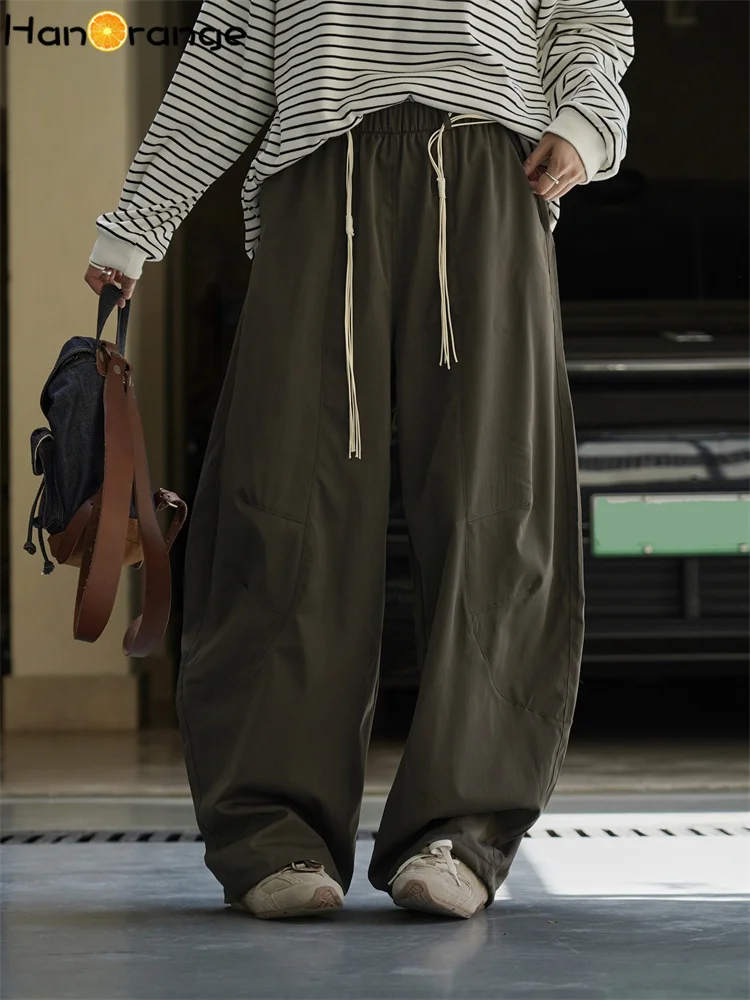 

HanOrange 2025 Early Autumn Fashion Splicing Silhouette Waist Rope Pants Women Loose Comfortable Trousers White/Military Green