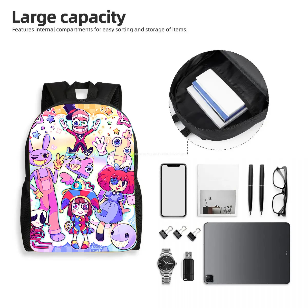 Mochila Digital Circus Print para meninas, Saco de escola de anime de desenhos animados, grande capacidade, adicione seu logotipo ou fotos, personalizado