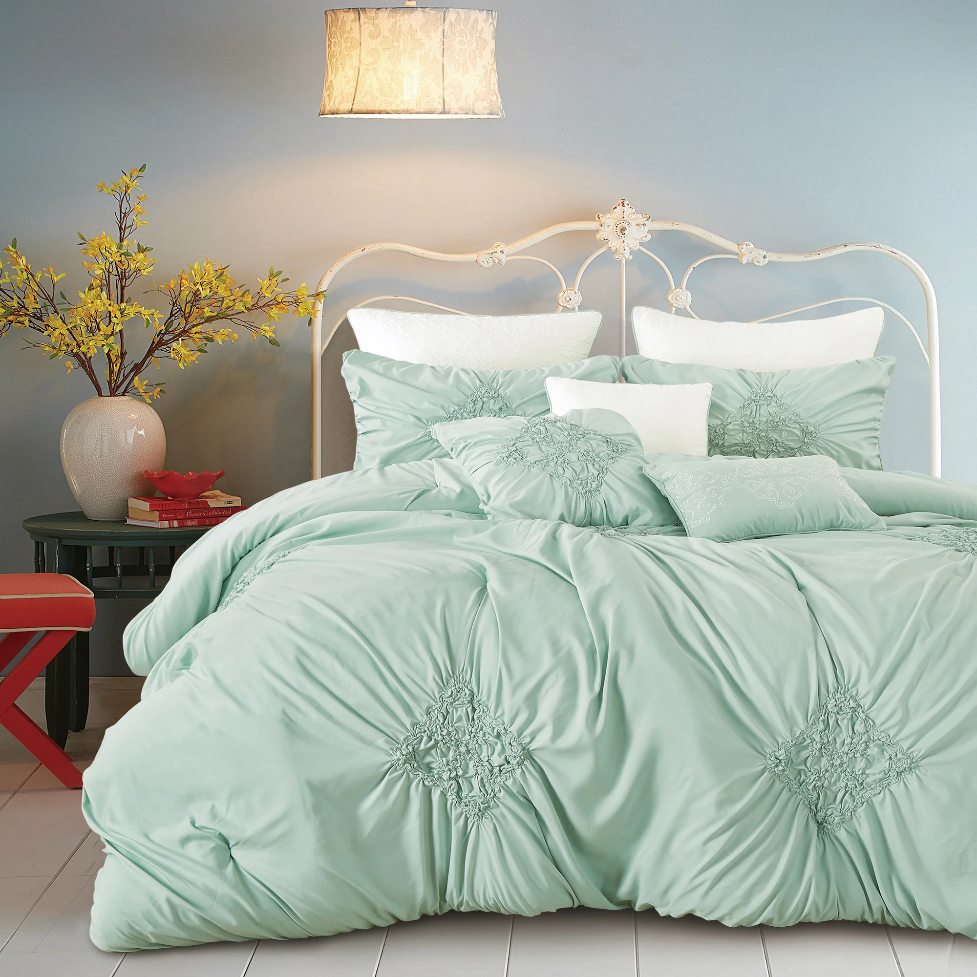 Elastic Embroidered High-End Bedding Set | 8-Piece Deluxe Comforter with Euros & Shams, Perfect for Hotel-Style Bedroom, Airbnb, & Daily Luxury