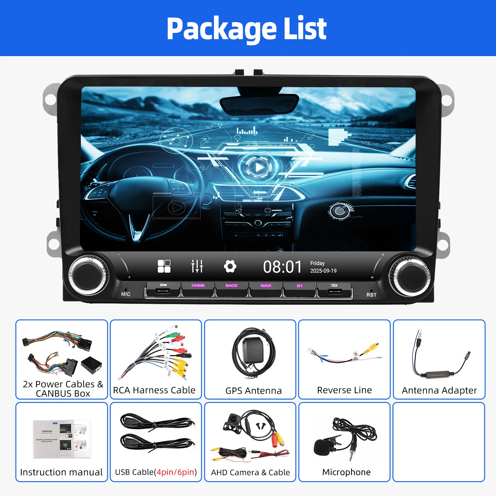 ESSGOO 9 inch autoradio voor Volkswagen Golf 5 6 Passat Polo, multimediaspeler met 4GB 64GB, Carplay, Android Auto en draaiknop, GPS
