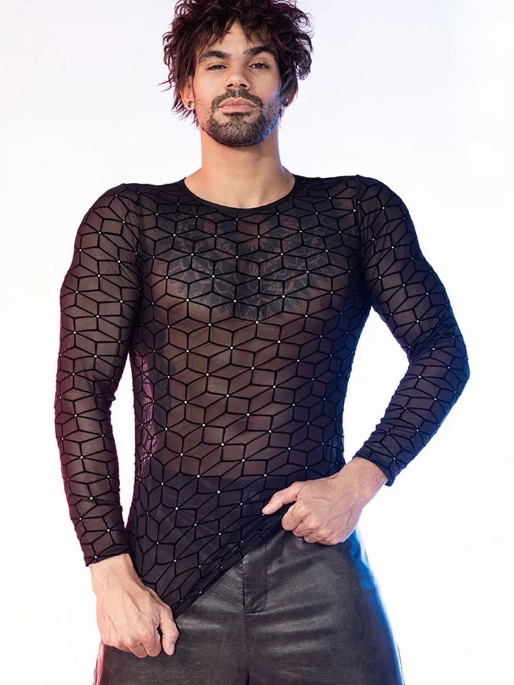 Fashion Men Mesh Sheer Shirts Long Sleeve T-shirts Quickly Dry Man Clothing Shaper Wear Transparent Tops Allure Traceless Tights