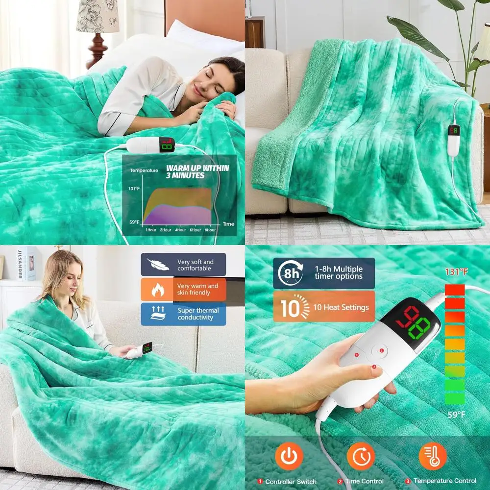 

Faux Fur Electric Throw Blanket with 5-Position Timer and 10 Heat Levels, 62x84 Aqua for Cozy Winter Gifts
