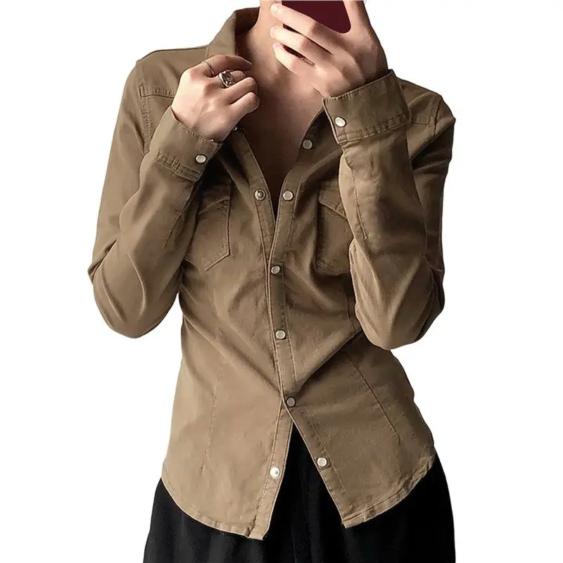 

Hot Kf-Women's Long-Sleeved Lapel Shirt, Fashionable And Simple Solid Color Waist-Hugging Top Shirt
