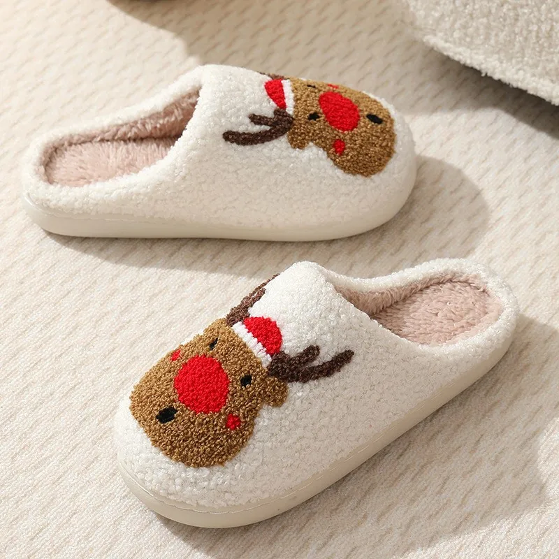 Christmas Elk Cotton Slipper Woman Smiling Everyday Home Couple Indoor Shoes Warm Contrast Color Non-slip Slipper Winter Woman