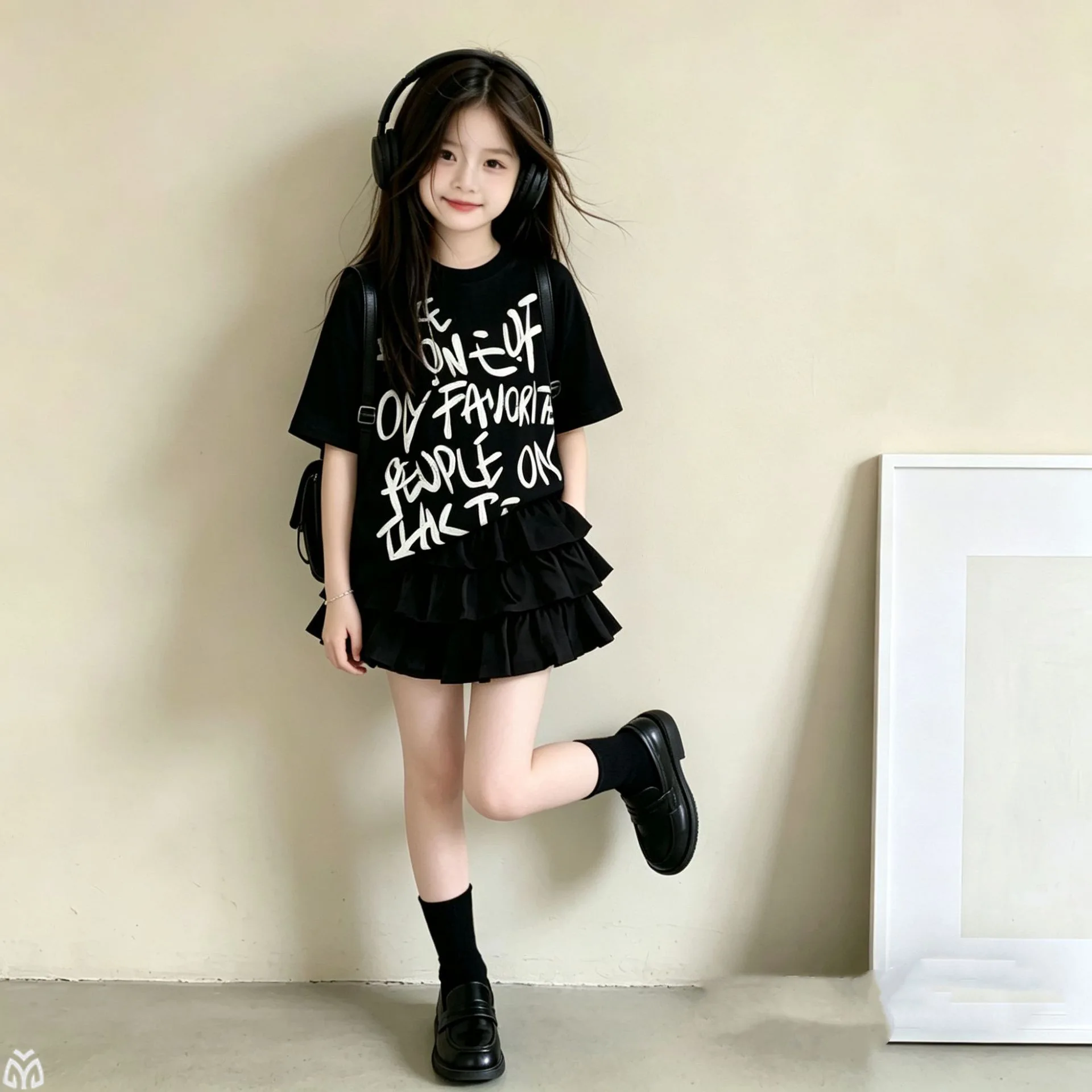 Girls Sweet Cool Jazz Dance Outfit Set Letter Print Crop Tops Black Tulle Tutu Skirt for Childen Street Wear Dance Costume