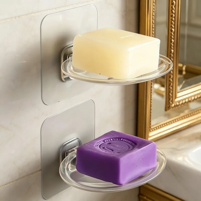 Wall-mounted soap box without holes, transparent soap tray with drainage function, suitable for bathrooms, kitchens and campers