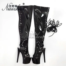 Open Toe Stripper Heels 7Inch Crossdresser Shiny Surface Over The Knee Boots 17cm Pole Dance Gothic Shoes Sexy High Women Heels