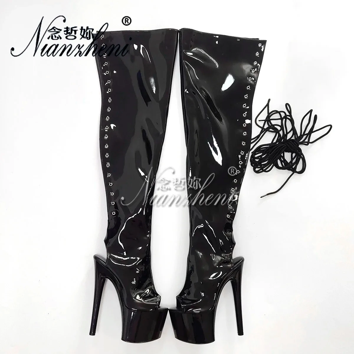 Open Toe Stripper Heels 7Inch Crossdresser Shiny Surface Over The Knee Boots 17cm Pole Dance Gothic Shoes Sexy High Women Heels