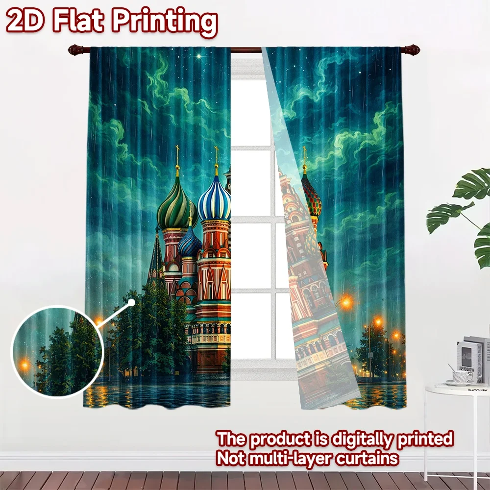 2D flat printing 2pcs Curtain Drapes Rainy Night Cathedral Digital Printed Polyester Drapes Birthday Party Use for All Season
