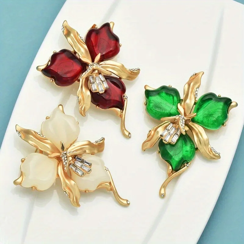 Retro Green Resin Orchid Flower Brooches Pins for Women Unisex 3-color Beautiful Plants Badges Exquisite Wedding Banquet Brooch