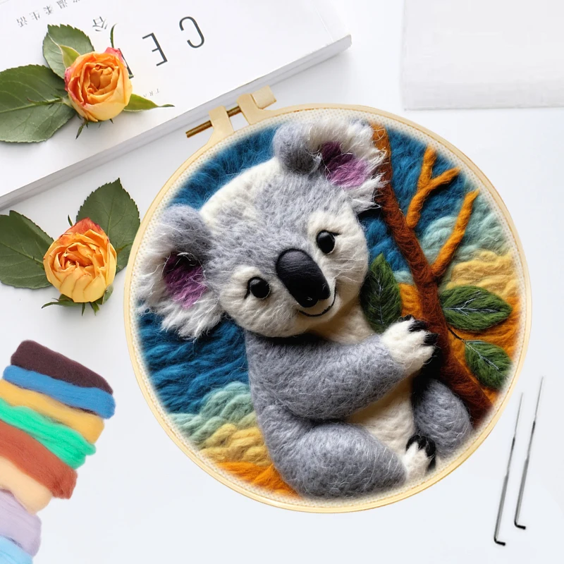 

CHENISTORY Koala Animals Wool Felting Needles Set For Wool Paintings Kit DIY Felt Craft With Frame Handicraft Home Decor
