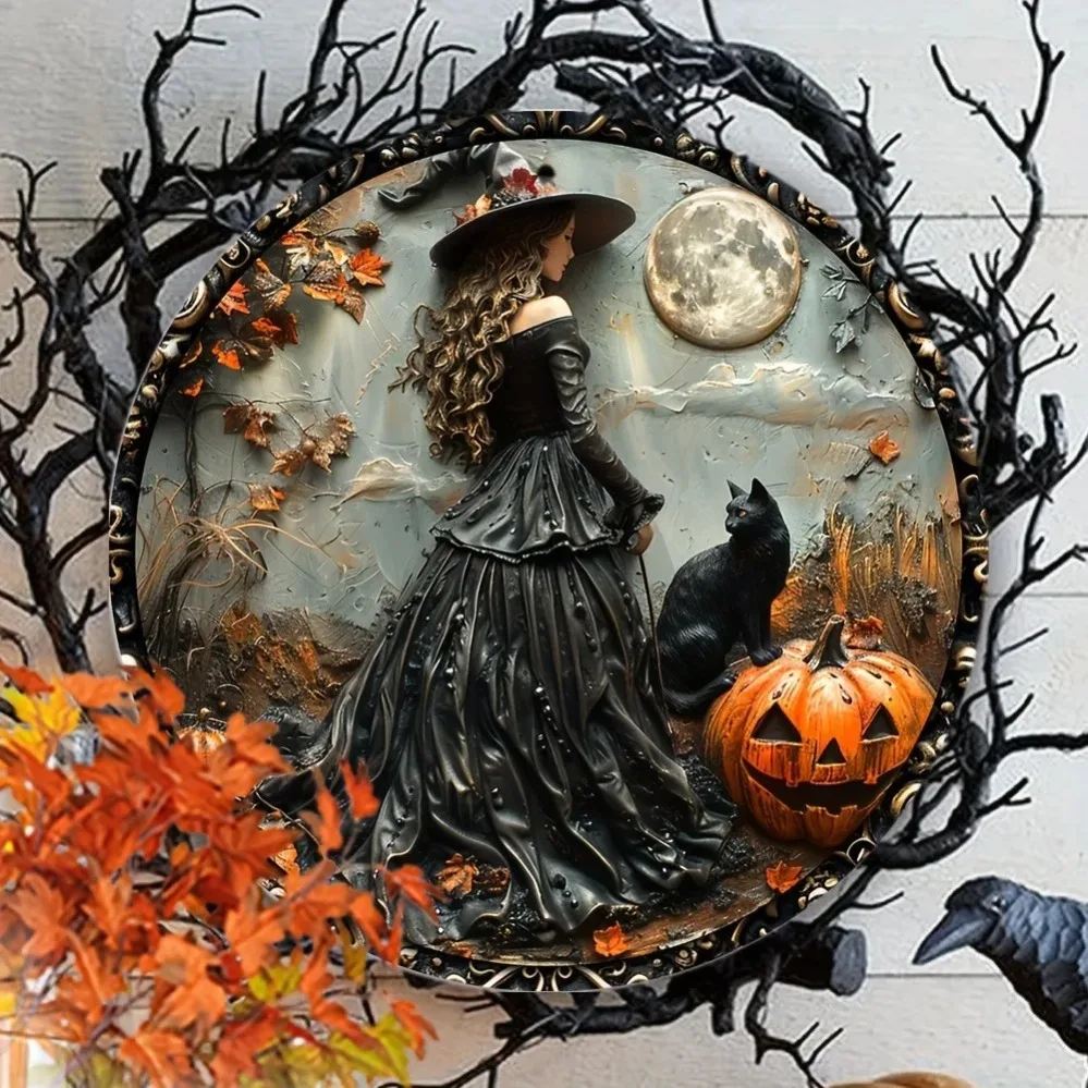 Pre-Drilled Gothic Witch and Black Cat Wooden Wall Art—Spooky Non-Electric Decoration, Suitable for Home, Office, and Party Spaces
