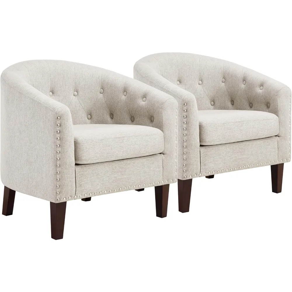 Accent Barrel Chairs Set of 2, Comfy Fabric Club Chair ArmChair with Thicken Cushion, Button-tufted Backrest & Nailhead Trim