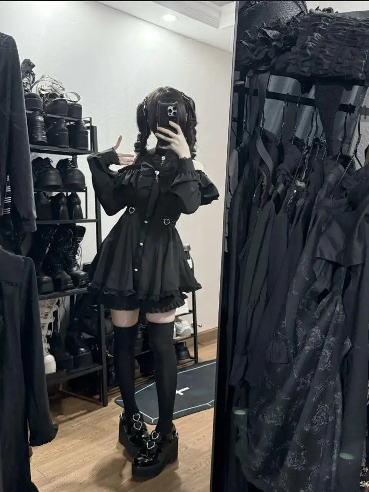Grunge Ruffled Shorts Female Jk Suit Y2k Aesthetic Two Piece Sets Lolita Outfits Stand Neck Off-the-shoulder Harajuku Blouses