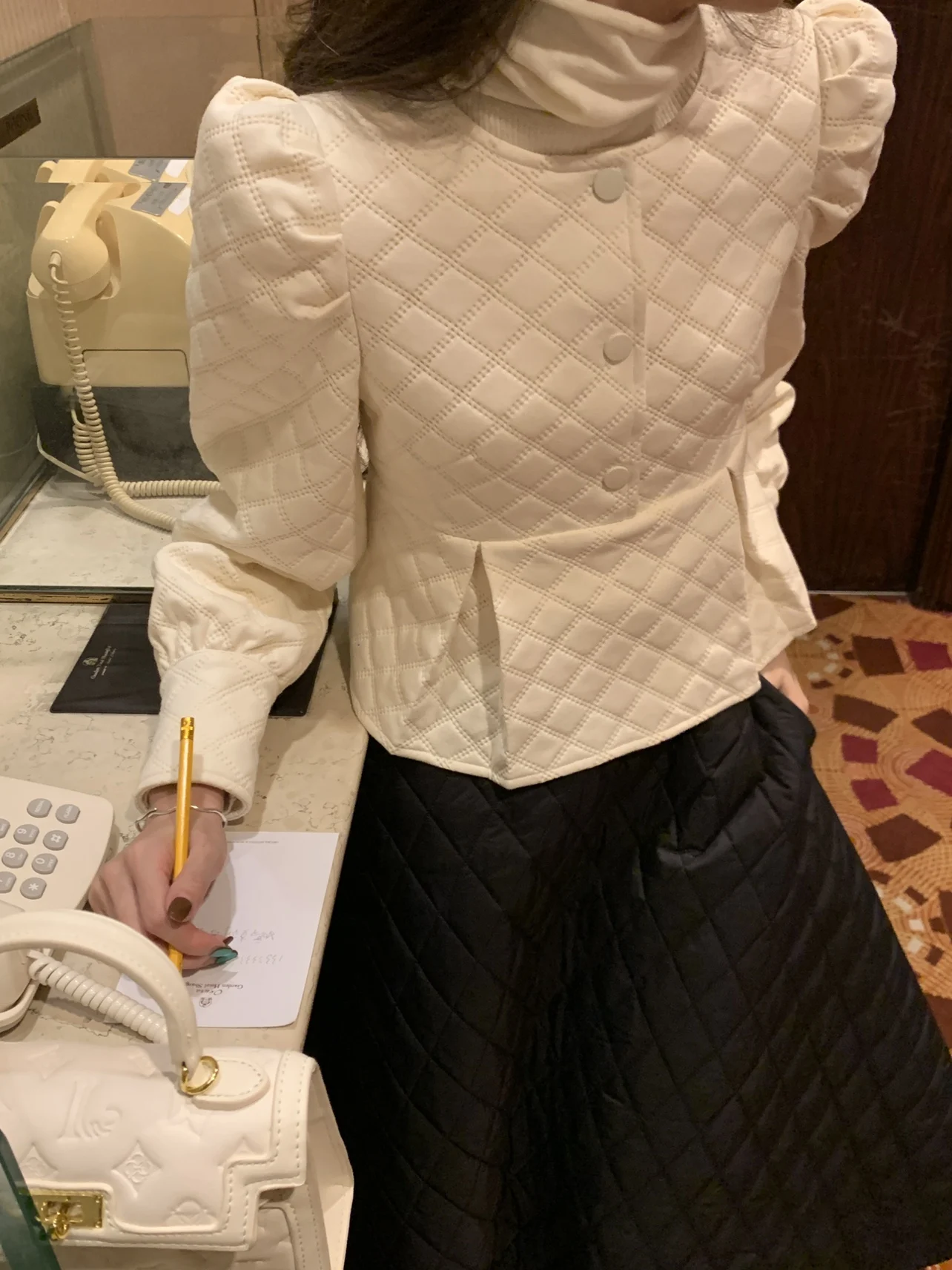 

Ele Austin Miss Vintage Waist-Cinching Cotton Jaet Ladies' Retro Diamond Pattern Classy Top Long Sve round Ne