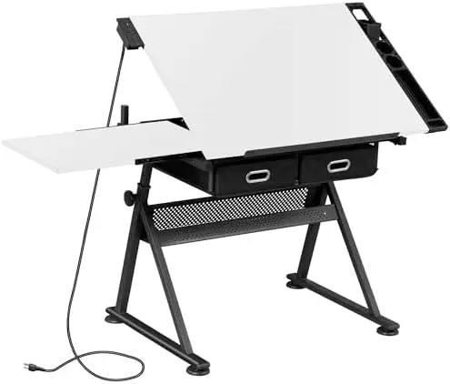 Drafting Table Drawing Desk w/Power Outlet, Art&Craft Work Station Height Adjustable Tilting Tabletop Craft Table Desk