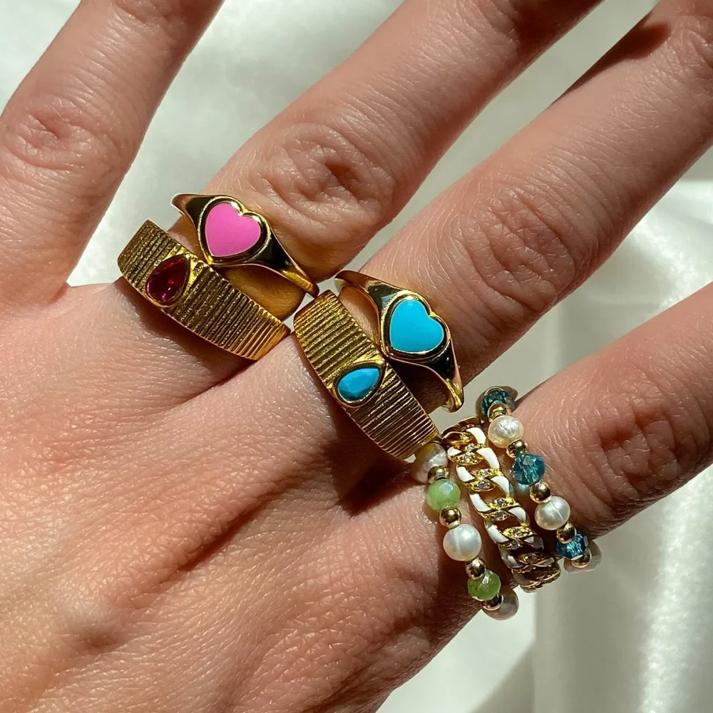 Natural Turquoise Stone Inlaid Stainless Steel Ring Bohemia Woman Jewelry Trendy Minimalist Ladder Texture Open Finger Rings