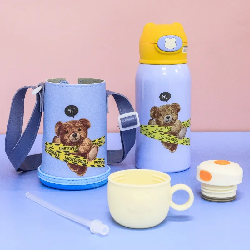 Cartoon Bear Children Bounce Vacuum Thickened Stainless Steel Straw Cup Elementary School Cup Set Gift Double-belly Vacuum Flask