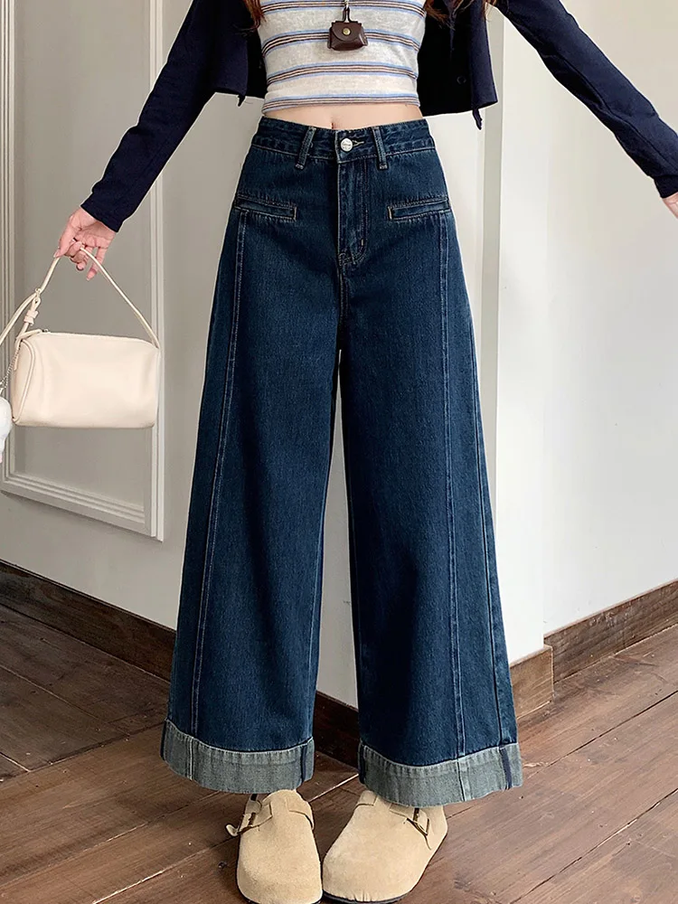 

Deep Blue Straight Leg Jeans for Women Spring Autumn High Waisted Casual Wide Leg Denim Pants Retro Patchwork Versatile Trousers