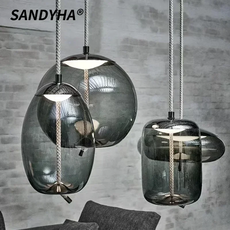 SANDYHA Nordic Glass Shade Led Hanging Lamp Simple Dining Table Light Bedside Living Room Chandelier Single Head Home Decor