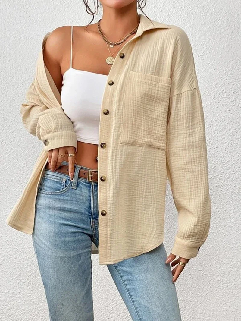 Muslin 100% Cotton Gauze Shirts for Women Casual Turn Down Collar Long Sleeve Top Streetwear Office Lady Retro Blouse